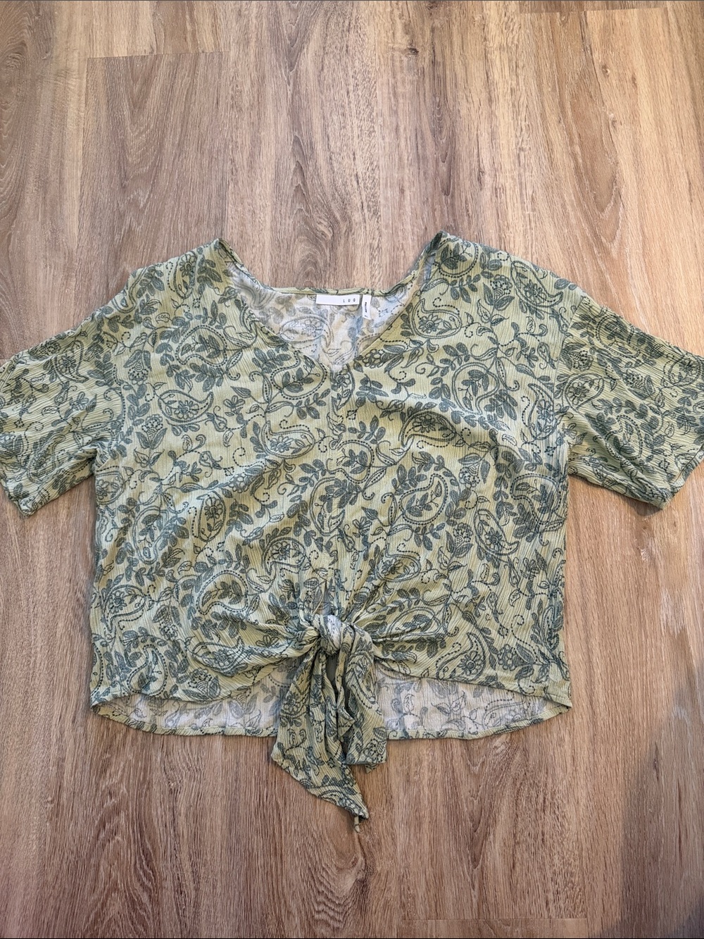 Lux Sage Green Paisley Tie-Front Crop Top